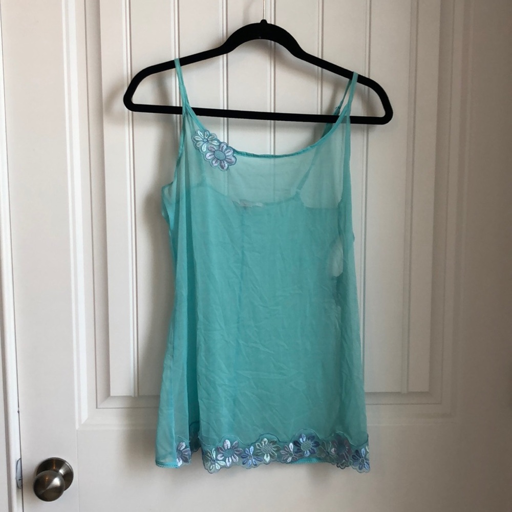 Aqua blue mesh chemise with flower detail